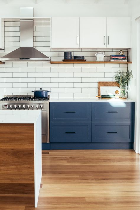 Navy Blue Kitchen Cabinets Black Counter, Navy Kitchen With Black Handles, Blue Kitchen Black Handles, Navy Blue Kitchen Cabinets Black Pulls, Navy Blue Kitchen Cabinets With Black Handles, Navy Cabinets Small Kitchen, Shaker Style Kitchens Blue, Blue Cabinetry Kitchen, Navy White Wood Kitchen