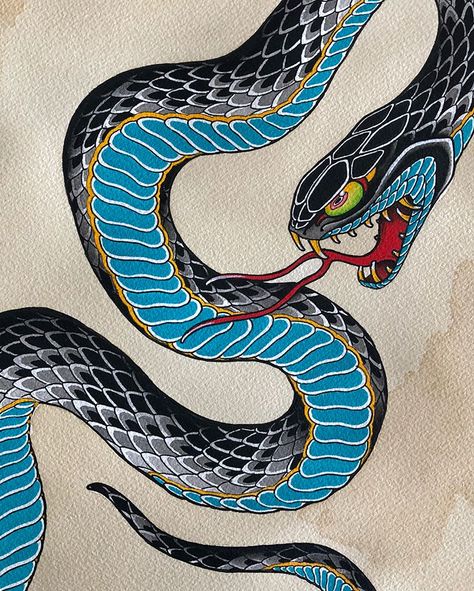 @tradition_tattoo_brisbane Tradition Tattoo, Snake Tattoo Meaning, Traditional Snake Tattoo, Brisbane Tattoo, Japanese Snake Tattoo, Traditional Japanese Tattoo Designs, Snake Painting, Cobra Tattoo, Tattoo Snake