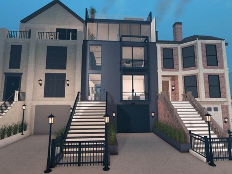 Modern Townhouse Bloxburg, Bloxburg Downtown House, Townhouse Bloxburg Layout, Bloxburg Neighborhood Ideas, Bloxburg Apartment Layout Exterior, Bloxburg Townhouse Layout, Bloxburg Hotel Exterior, Townhouse Bloxburg, Bloxburg Apartment Exterior