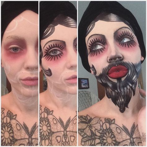 Bearded Lady makeup! I love this unique costume. #nyx black gel liner & smudger. #meltcosmetics dark matter & love sick shadow. nyx milk jumbo pencil. #jeffreestarcosmetics redrum liquid lipstick. by itslikelymakeup Bearded Lady Makeup, Bearded Lady Costume, Circus Makeup, Monster Makeup, Halloween Circus, Creepy Halloween Makeup, Horror Makeup, Bearded Lady, Theatrical Makeup