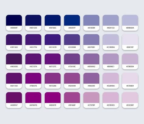 Paleta de cores azul e roxo com hexadeci... | Premium Vector #Freepik #vector #papel #pintura #criador #pastel Cool Purple Color Palette, Color Morado Pastel, Blue And Purple Color Palette, Purple Hex, Purple Color Palette, Pantone Color Chart, Color Knowledge, Color Mixing Chart, Purple Color Palettes