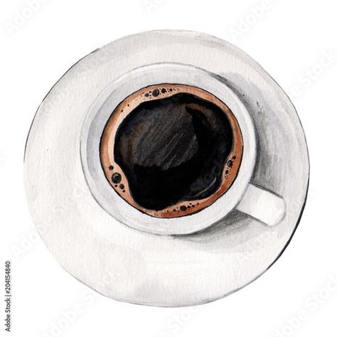 Stock Image: Watercolor illustrated hot coffee in a white porcelain cup from above top view Mob Themed Birthday Party, Top View Illustration, Tea Cup Drawing, Coffee Cup Drawing, Coffee Watercolor, View Illustration, Coffee Drawing, Watercolor Food, Cartoon Wallpaper Iphone