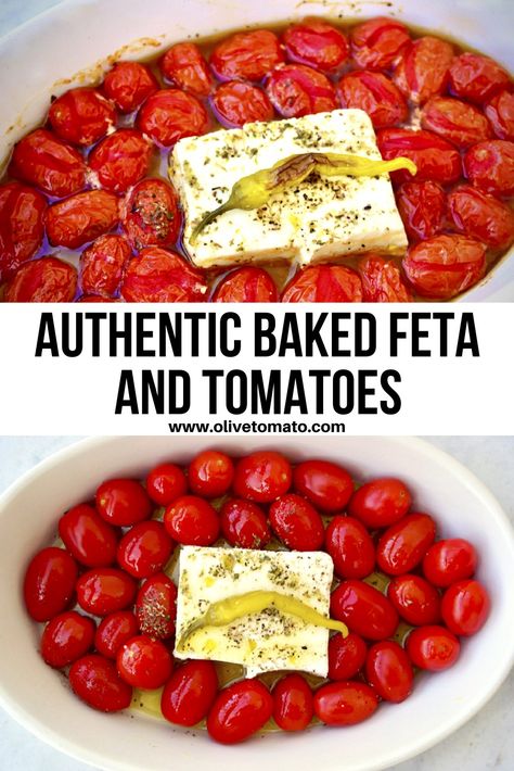 Authentic Baked Feta and Tomatoes Mediterain Diet, Greek Baked Feta, Baked Feta Recipe, Olive Tomato, Greek Kitchen, Greek Recipes Authentic, Greek Appetizers, Cooking Vegetables, Greek Dinners