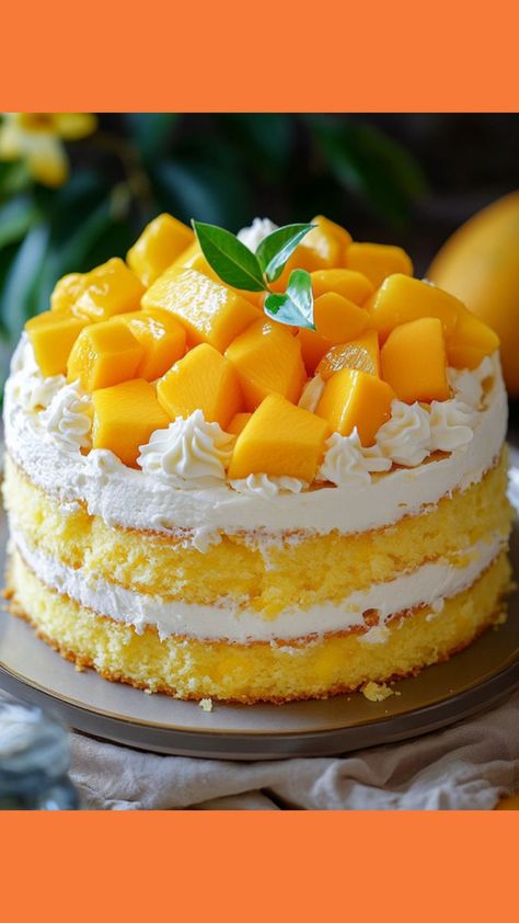 Mango Cake Filling Recipes, Mango Strawberry Cake, Mango Cream Cake, Mango Chiffon Cake, Mango Cakes, Cake Mango, Whipped Cream Filling, Pretty Desserts, Cake 5