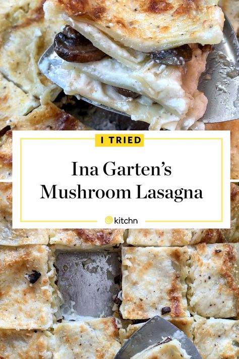 Ina Garten recipes are some of our favorite recipes and her mushroom lasagna recipe is no exception. The recipe comes from Barefoot Contessa at Home, and it feels peak Ina with its everyday extravagance. It's comforting, decadent, and a must-make. Mushroom Lasagna With Gruyere Bechamel, Ina Garten Pastitsio, White Mushroom Lasagna Recipe, White Mushroom Lasagna, Mushroom Alfredo Lasagna, Lasagna Nachos Recipe, Ina Garden Lasagna Recipe, Mushroom Lasagne Recipes, Ina Garten Comfort Food Recipes