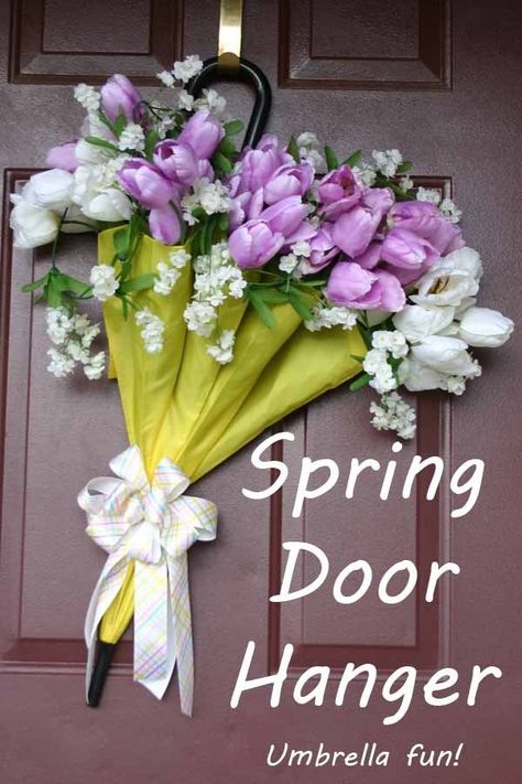 Spring Door Hanger- A bright umbrella and some beautiful spring flowers make a wonderful wreath for your door. #door #welcome #flowers #umbrella #spring Spring Door Hangers, Umbrella Crafts, Flowers Umbrella, Umbrella Decor, Spring Windows, Spring Umbrella, Umbrella Wreath, Spring Door Decoration, Floral Umbrellas