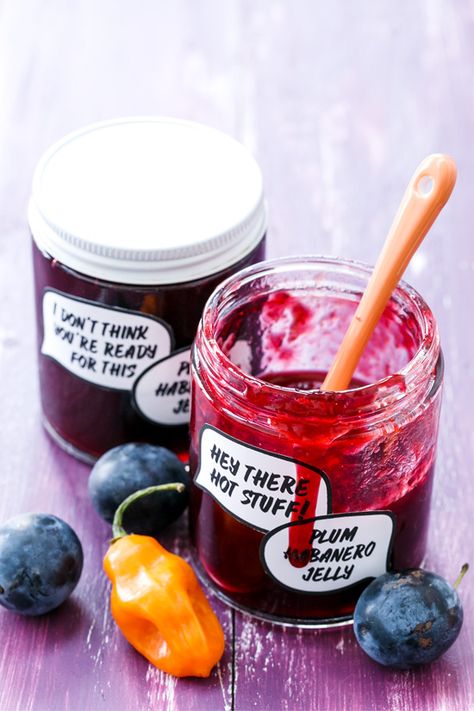 Habanero Jelly, Jam Labels, Plum Jam Recipes, Damson Plum, Jam Label, Plum Recipes, Canned Food Storage, Plum Jam, Pepper Jelly