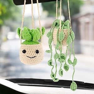 Car Accessories Crochet, Hanging Potted Plants, Crochet Plants, Car Mirror Hanging Accessories, Aesthetic Plant, Crochet Succulent, Plants Hanging, Accessories Crochet, Crochet Car