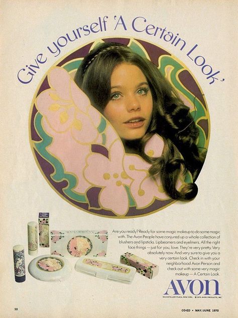 Vintage Makeup Ads, Vintage Beauty Ads, Susan Dey, Makeup Ads, Avon Cosmetics, Beauty Ads, Retro Makeup, The Cardigans, Avon Lady