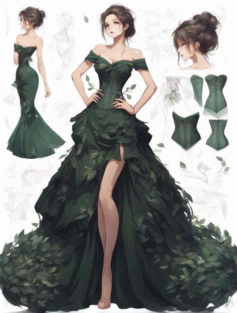 Green Prom Dress Outfit, Fantasy Formal Wear, Green Dress Drawing, Green Dress Aesthetic, Gown Drawing, Dreamy Gowns, Draw Hands, Green Prom, Dress Design Drawing