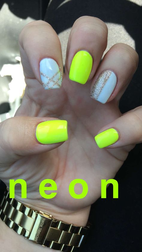 Neon yellow nails with white and gold glitter accents. Neon Yellow And White Nails, White Nails With Neon Design, Nails With Neon Design, White Nails With Neon, Nails With White And Gold, Yellow And White Nails, Biab Nails, Nails With White, Neon Yellow Nails