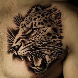 Black and gray realism tattoo. Portrait of a jaguar on the left pectoral.. Jaguar Chest Tattoo Men, Leopard Chest Tattoo, Jaguar Chest Tattoo, Realism Tattoo Portrait, Walk In Tattoos, Black And White Flower Tattoo, Jaguar Tattoo, Tattoo Portrait, Tattoo Animal