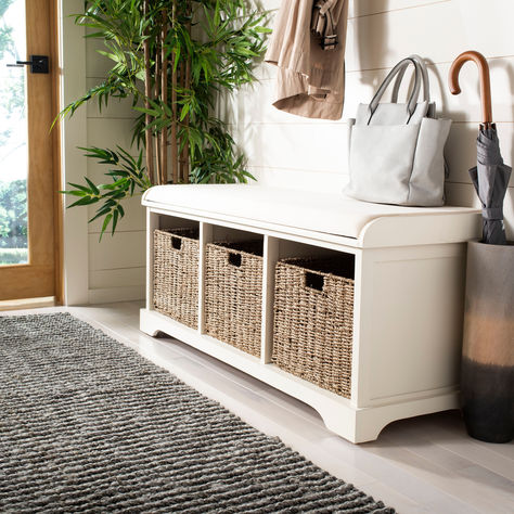 This serene and charming bench is the perfect perch for removing boots in an entryway or garden shoes in the mud room. Bench With Baskets, White Storage Bench, Cubby Storage Bench, Entry Bench, Wicker Storage, Garden Shoes, White Upholstery, Cubby Storage, White Storage