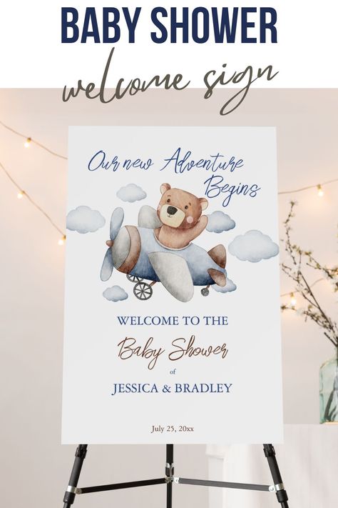 New adventure tiny pilot baby shower welcome sign board Baby Shower Welcome Board, Pilot Baby, Teddy Bear Birthday Party, Teddy Bear Baby Shower Invitations, Teddy Bear Party, Teddy Bear Birthday, Welcome Board, Personalized Balloons, Party Stationery