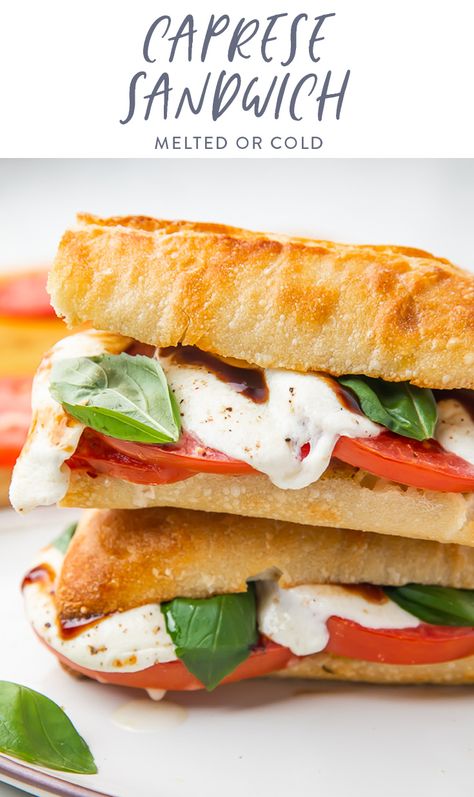 Is there anything more refreshing than a Caprese salad? This tomato, fresh mozzarella, and fresh basil dish becomes a vegetarian sandwich with a few extra twists for more flavor than ever. Made either cold or with the fresh mozzarella melted, we are obsessed with this simple meatless sandwich for spring and summer! #caprese #italian #sandwich #vegetarian #mozzarella Caprese Baguette Sandwich, Sourdough Caprese Sandwich, Tomatoe Basil Mozzarella Sandwich, Sandwich With Mozzarella, Best Baguette Sandwiches, Italian Baguette Sandwich, Vegetarian Baguette Sandwich, Caprese Baguette, Tomato Basil Sandwich