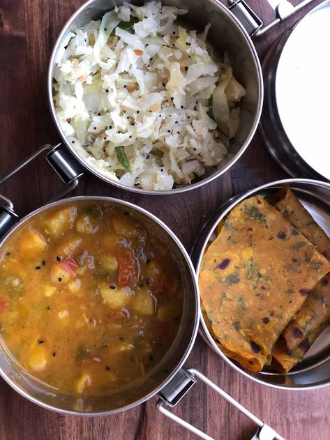 Lunch Box Recipes: Muttaikose Poriyal, Aloo Shaak, Thepla & Curd Indian Lunch Box, Tiffin Recipes, Office Meals, Cooking Box, Lunch Recipes Indian, Indian Lunch, Morning Schedule, Tiffin Recipe, Meal Box