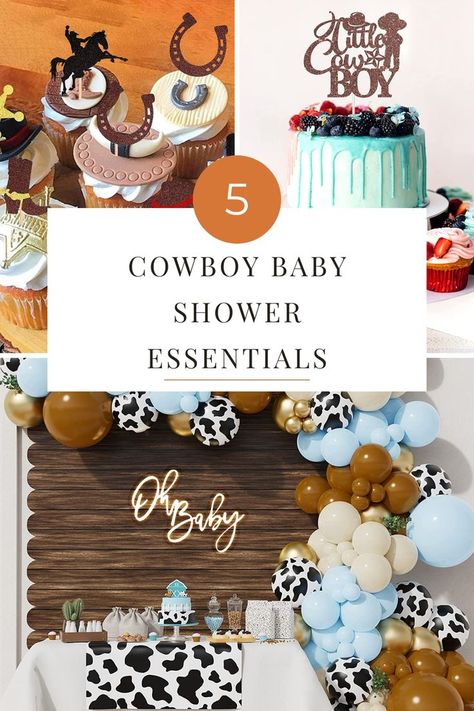 Yeehaw! If you're planning a cowboy-themed baby shower, we've got everything you need to make it the wildest hoedown around. These are our top 5 essentials for the perfect western-style shindig. So grab your lassos and let's get this party started! Western Boy Baby Shower Ideas Cowboy Theme, Country Boy Baby Shower Ideas, Cowboy Theme Baby Shower Ideas, Western Baby Shower Centerpieces, A Little Cowboy Is On His Way, Baby Shower Cowboy Theme, Cowboy Baby Shower Centerpieces, Western Themed Baby Shower Ideas, Little Cowboy Baby Shower Ideas