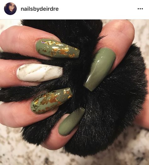 Olive green nails with gold flakes Olive Green Nails With Gold, Green Nails With Gold Flakes, Green Nails With Gold, Nails With Gold Flakes, Olive Green Nails, Olive Nails, Nails With Gold, Dark Green Nails, French Pedicure