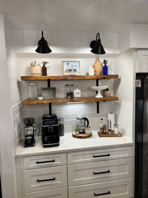 Coffee bar in kitchen Coffee Bar With Cabinets Above, Coffee Bar Under Cabinet, Coffee Bar Area In Kitchen, Diy Coffee Bar Cabinet, Bars In Kitchen, Coffee Bar In Kitchen, Built In Coffee Bar, Bar In Kitchen, Kitchen Coffee Bar