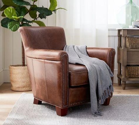 Williams Sonoma Home, Arm Chairs Living Room, Upholstered Arm Chair, Leather Furniture, Leather Armchair, Small Living Room, Small Living, Leather Chair, Club Chairs