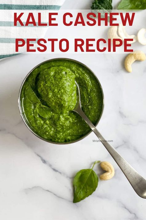 Kale Cashew Pesto Recipe (Trader Joe's Style) Cashew Pesto Recipe, Cashew Pesto, Kale Pesto Recipe, Vegan Paleo Recipes, Simple Vegan Recipes, Kale Pesto, Vegan Brownies, Burger Toppings, Vegan Pesto