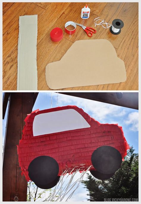 DIY Pull String Pinata | Car Party | Vicky Barone | DIY Piñata | Pinata alternative | racecar party ideas decor projects activities | 2 year old party ideas Pinata Alternative, Car Pinata, 2nd Birthday Party For Boys, Disney Cars Party, Hot Wheels Party, Piñata Ideas, Race Car Birthday Party, Diy Pinata, Cars Theme Birthday Party