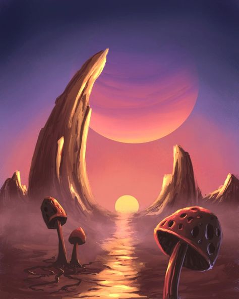 Mushroom Planet Drawing, Alien Fantasy Art, Mushroom Planet, Mushroom Mountain, Planet Ideas, Mushroom Painting, Planet Painting, Planet Drawing, Sky Games