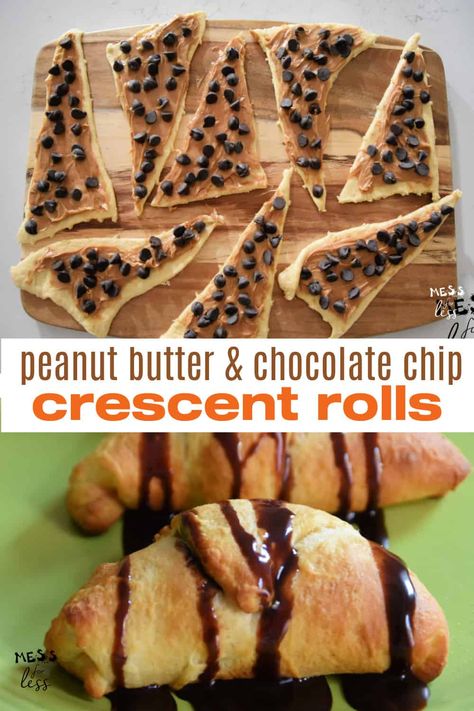 This recipe for Peanut Butter Chocolate Chip Crescents is one that toddlers, preschoolers or older kids can help you create. Added bonus - they are ready in just 15 minutes! Easy Croissant Appetizers, Peanut Butter Crescent Rolls, Peanut Butter Croissant, Crescent Desserts, Turn Overs, Holiday Bakes, Crescent Roll Dessert, Crescent Bake, Toddler Picky Eater