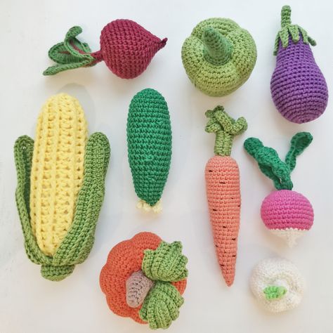 Amigurumi fruits and vegetables. The set consists of 9 vegetables: eggplant small, beet, radish, cucumber, corn, garlic, pumpkin, paprika, carrot.PLEASE, NOTE:Toys created in a smokefree home.There may be some color discrepancies which is due to the different monitor settings.Wet manual cleaning is recommended. Do not wring or twist, dry flat.All parts are securely sewn, but do not forget that too rough handling can damage the toy.It is impossible to crochet a handmade toy in exactly the same wa Crochet Eggplant, Nautical Crochet, Radish Cucumber, Pirate Treasure, Crochet Shorts, Handmade Toys, Beets, Fruits And Vegetables, Crochet Flowers