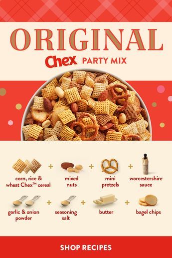 Make your season sparkle with our original Chex Party Mix recipe! ✨ It's a holiday classic for a reason. Shop recipe! Fall Party Snacks, Original Chex Party Mix, Chex Party Mix Recipe, Homemade Chex Mix Recipe, Chex Mix Original, Chex Mix Recipes Original, Original Chex, Party Mix Recipe, Homemade Chex Mix