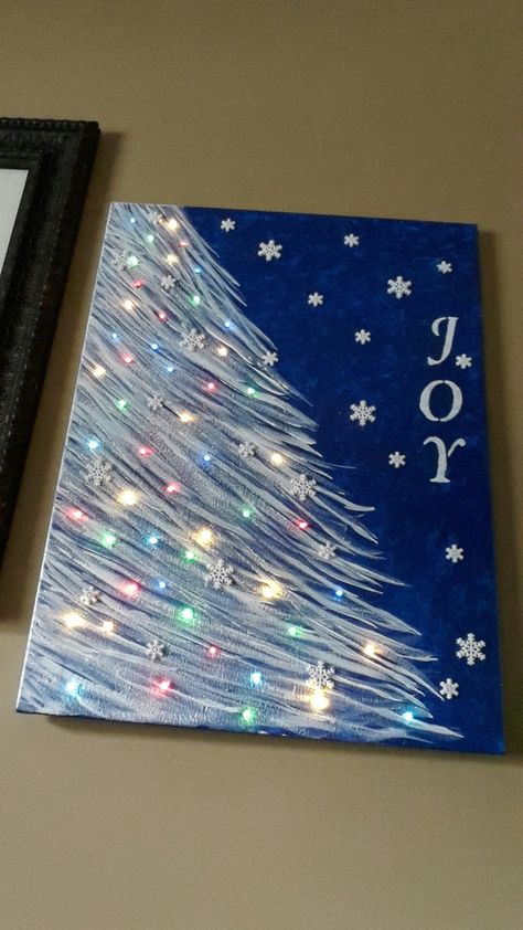 Christmas Light Up Canvas Diy, Blue And White Canvas Painting Diy Art, Christmas Painting Ideas On Canvas Easy, Canvas Light Art, Painting Ideas Christmas, Christmas Canvas Paintings, Xmas Paintings, Snowflake Art, Light Up Canvas