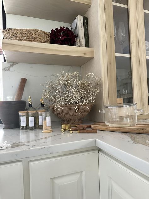 Pottery Barn Chair, Gold Sink Faucet, Glass Cooking Pot, Modern Farmhouse Kitchen Island, Gold Kitchen Hardware, Thrift Decor, Morgan Elizabeth, Kitchen Floating Shelves, Kitchen Countertop Decor