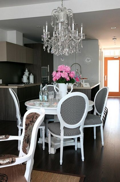 Crystal Chandelier in the Kitchen 4 Striped Dining Chairs, Eclectic Dining Room, Upholstery Ideas, Grey Dining Room, White Dining Chairs, Contemporary Dining Room, Crosses Decor, Contemporary Dining Chairs, Pedestal Dining Table