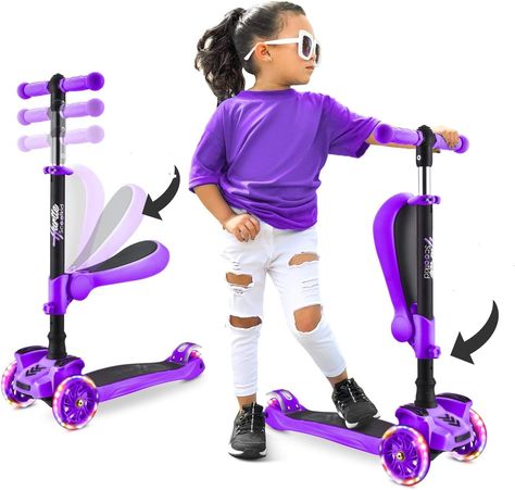 Amazon.com : Hurtle Kids Scooter - Child Toddler Kick Scooter Toy with Foldable Seat - 3 Wheel Scooter with Adjustable Height, Anti-Slip Deck, Flashing Wheel Lights, for Boys/Girls 1-12 Year Old, Purple : Sports & Outdoors Scooter Girl, Kids Scooter, Kick Scooter, 3rd Wheel, Outdoor Toys, Scooters, Toddler Toys, Skateboarding