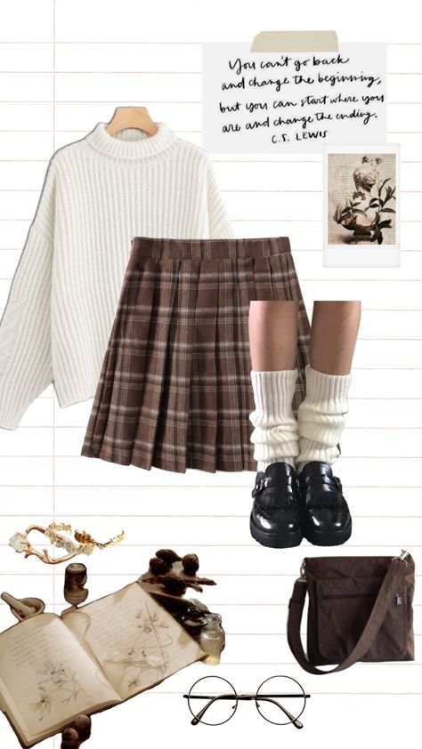 #outfitinspo #outfit #lightacademia #darkacademia #white #whiteaesthetic #brown #brownaesthetic Brown And White Aesthetic Outfit, White Academia Outfit, Brown Style Aesthetic, White Brown Outfit, Brown White Outfit, Director Outfit, Cream Sweater Outfits, Brown And White Outfit, Laufey Bewitched