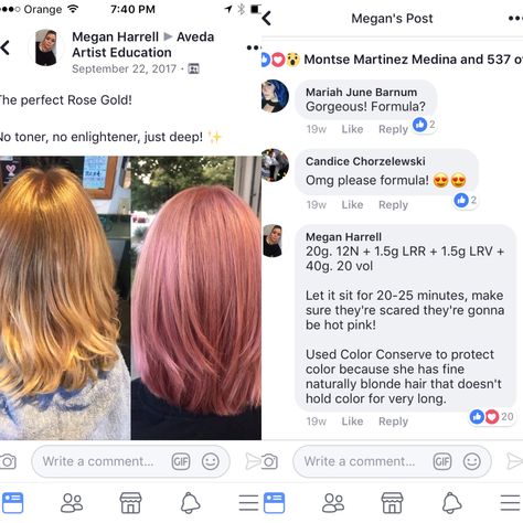 Aveda Rose Gold Formula, Peach Hair Color Formula, Aveda Pink Formula, Gold Hair Formula, Pink Hair Formula, Rose Gold Hair Color Formula, Color Formulations, Toner Formulas, Rose Gold Hair Color