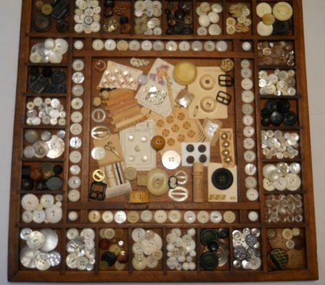 Button Display Ideas, Button Display, Button Art Projects, Button Collecting, Moments In Time, Printers Tray, Button Picture, Crazy Quilt, Large Jar