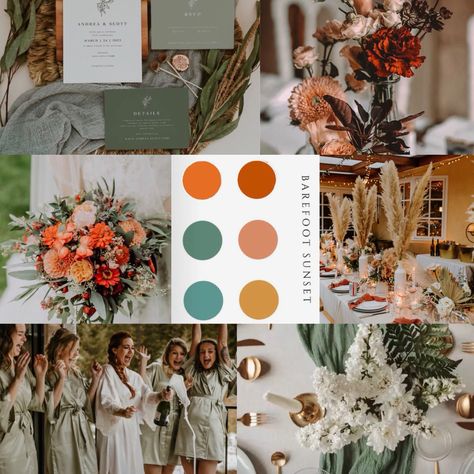 warm summer wedding color pallete 3 Color Wedding Palette, Burnt Orange Weddings Summer, Summer Colours Wedding, Terracotta Color Palette Wedding Summer, Late March Wedding, Late Summer Colour Palette, Botanical Wedding Theme Color Palettes, Summer Farm Wedding Colors, Sunset Pallet Wedding