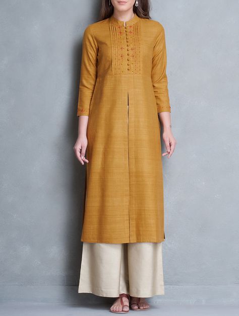 Mustard Mandarin Collar Thread Embroidered Matka Silk Kurta Jaipur Kurti, Silk Kurtas, Embroidery Kurti, Kurta Patterns, Kurti Patterns, Salwar Designs, Kurta Neck Design, Cotton Kurti Designs, Silk Kurta