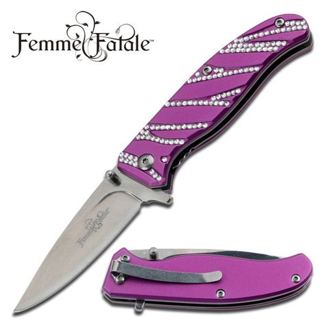 FEMME FATALE FF-A001PE SPRING ASSISTED KNIFE Item #: FF-A001PE SPRING ASSISTED 2.75" 3MM THICK BLADE, STAINLESS STEEL SATIN BLADE 3.5" CLOSED RHINESTONES ON PURPLE ALUMINUM HANDLE INCLUDES POCKET CLIP Pink Pocket Knife, Rainbow Knife, Knife Aesthetic, Pretty Knives, Knife Collection, Cool Knives, Pink Girly Things, Everything Pink, Folding Knives