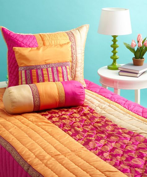 Tangerine Orange & Fuschia Queen Quilt Neck Roll Pillow, Iridescent Fabric, Stop Shopping, Soft Comforter, Sheet Sets Full, Flat Bed, Tangerine Orange, Girls Quilts, Sateen Sheets