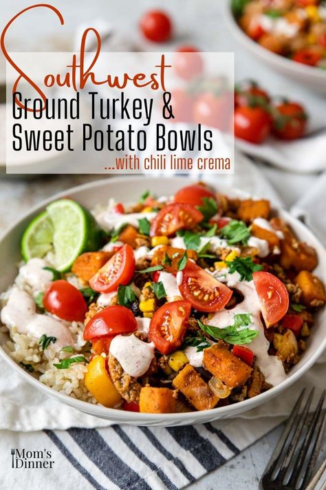 Ground Turkey And Sweet Potato Recipe, Turkey Bowl Recipe, Southwest Sweet Potato, Amazing Chili, Low Carb Sweet Potato, Potato Bowls, Sweet Potato Rice, Turkey Bowl, Sweet Potato Bowls