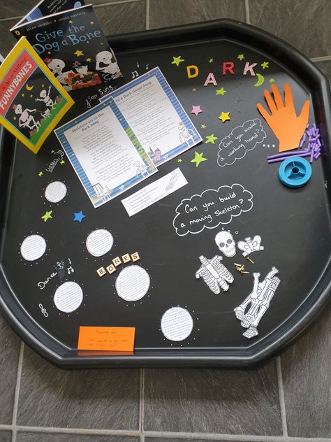 Funnybones story activities, skeleton, tuff spot  year 1 ideas Skeleton Eyfs Activities, Music Tuff Tray Ideas, Halloween Continuous Provision, Science Continuous Provision Year 1, Funny Bones Activities, Funny Bones Eyfs, Funnybones Activities, Continuous Provision Year 1, Ks1 Classroom