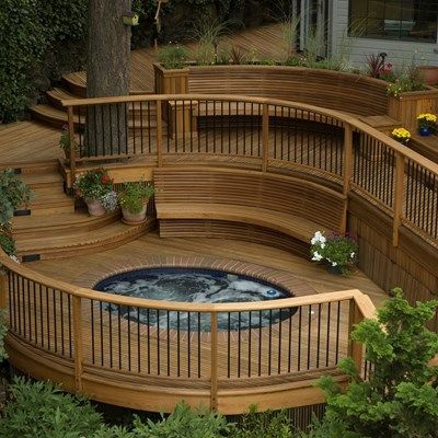 Tiered Deck With Hot Tub, Step Down Deck, Deck With Hot Tub, Deck Building Plans, Deck Landscaping, Outdoor Living Deck, Stone Deck, Tiered Deck, Backyard Patio Deck