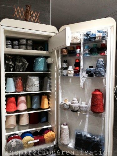 Have an Old Fridge? Use it for Yarn Storage Diy Yarn Organizer, Yarn Storage Solutions, Old Fridge, Refrigerator Ideas, Old Refrigerator, Yarn Organization, Small Fridges, Diy Yarn, Yarn Storage