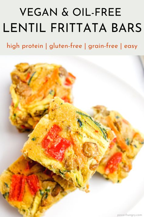 Easy vegan lentil frittata bars that are oil-free, gluten-free, high in protein & made with a simple chickpea flour batter. They are perfect for meals on the go or as high-protein snacks. #wfpb #oilfree #plantbased #vegan #eggfree #highprotein #plantprotein #portablefood #cleaneating #cleaneats #oilfreevegan #lentils #chickpeaflour #frittata #veganeggs #veganbreakfast #veganlunch #vegansnack #veganoilfreebaking Veg Meals, Lentils Vegan, Meals On The Go, Canned Lentils, Vegan Lentil, Wfpb Recipes, Spiralizer Recipes, Meatless Dinner, Savoury Recipes