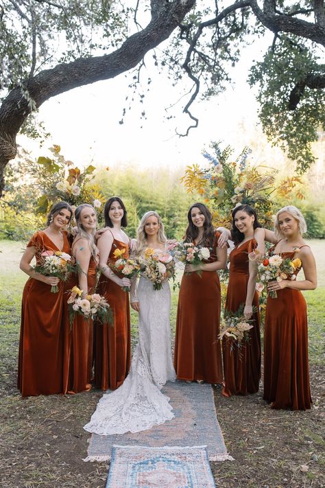 Dark Burnt Orange Bridesmaid Dresses, Burnt Orange Bridesmaid Dresses Fall, Velvet Rust Bridesmaid Dresses, 70s Inspired Bridesmaid Dresses, Burnt Orange Velvet Bridesmaid Dresses, Rust Velvet Bridesmaid Dresses, Disco Bridesmaid Dresses, Dark Orange Bridesmaid Dresses, 70s Bridesmaid Dresses