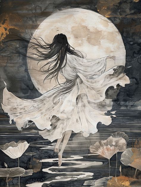 Woman Dancing Under Moonlight on Lotus Leaf Lotus Leaf Drawing, White Gauze Dress, Long Straight Black Hair, Fantasy Elements, Under Moonlight, Inspirational Digital Art, Dark Elves, Chinese Dance, Woman Dancing