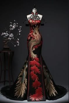 Fantasy Gowns Warriors Dragon, Chinese Dragon Dress, Asian Inspired Dress, Dark Fae Aesthetic Clothes, Dark Chinese Aesthetic, Tingjing Dress, Chinese Inspired Outfits, Red Dragon Dress, Chinese Prom Dress