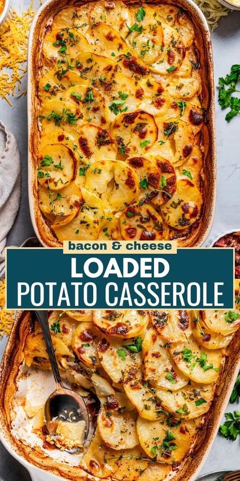 This garlicky loaded baked potato casserole with two kinds of cheese and smokey bacon is a classic side dish. It's coated in a velvety custard right before it hits the oven for an extra creamy and rich bite. Add caramelized onions for some French flair! Oven Baked Casserole Recipes, Baked Potato Casserole Loaded, Potato Bacon Casserole, Bacon Potato Casserole, Loaded Potato Casserole, Baked Potato With Cheese, Bean Salads, Loaded Baked Potato Casserole, Slow Cooker Casserole